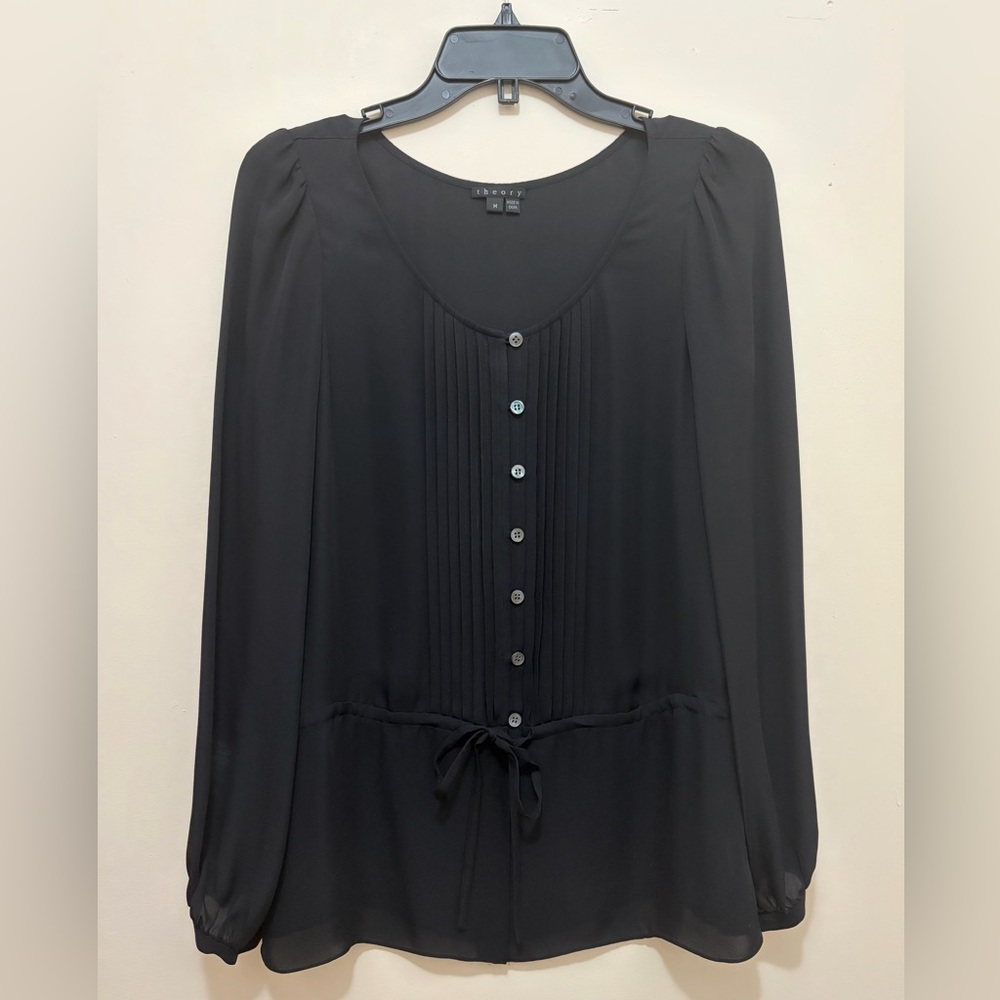 Theory Black Long-Sleeve Pintuck Button-Front Blouse